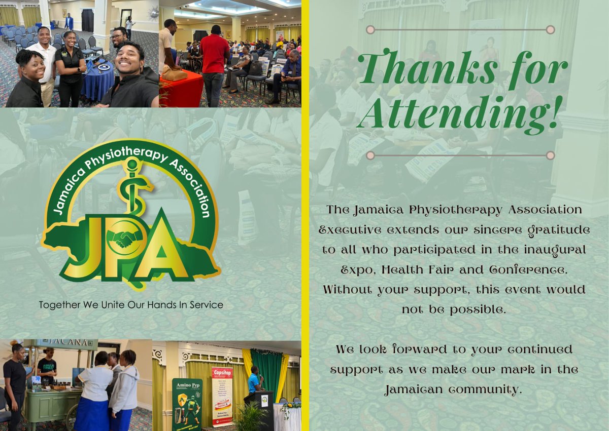 The Jamaica Physiotherapy Association would like to extend a heartfelt thank you to everyone who was in attendance whether in-person or online at our inaugural Health fair, Expo and Annual Conference for this year! 

See you again next year‼️