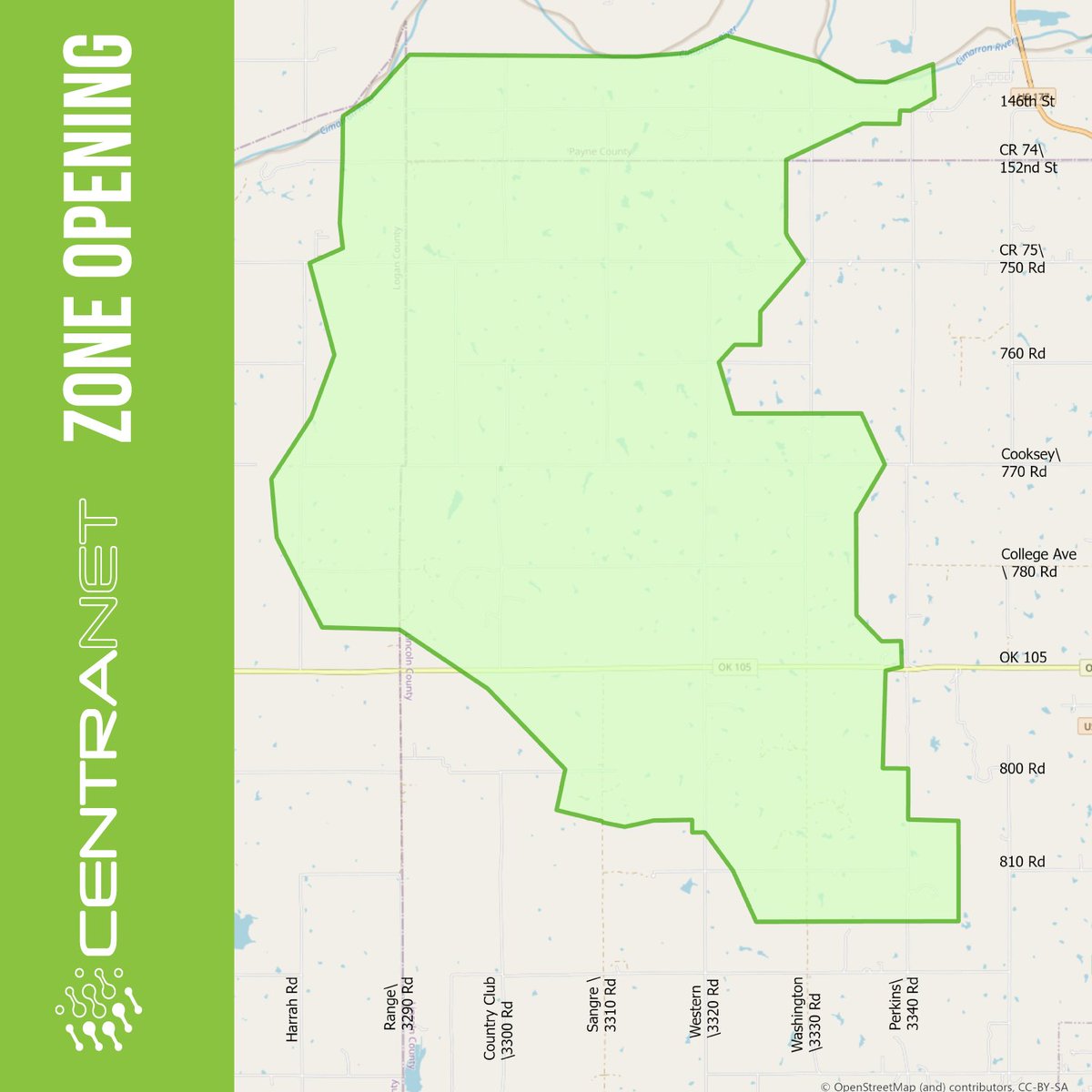 ATTENTION MEMBERS! NEW ZONE OPENING!  If you live in the green shaded area and are a Central member, you can sign up now! Click ‘Check Availability’ at CentranetFiber.com or give us a call 405-533-FAST to sign up for service.  #CentranetFiber #BreakTheRurals