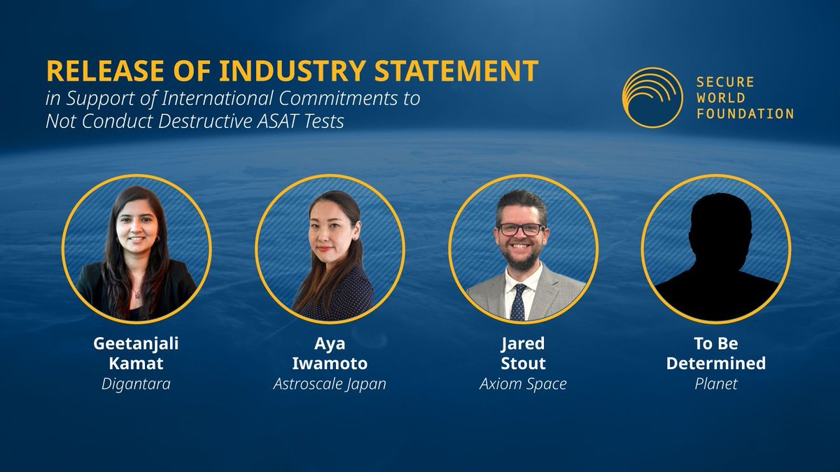 1 week to SWF's virtual release event: 'Space Industry Statement in Support of International Commitments to Not Conduct Destructive Anti-Satellite Testing.' Feat. + Geetanjali Kamat (@Digantarahq) + Aya Iwamoto (@astroscale_HQ) + @Space_Jared (@Axiom_Space) + TBD (@planet)
