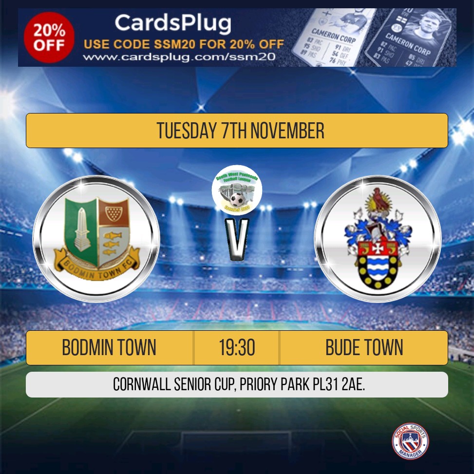 This evening's squad has been selected for this evening's game, there are 6 Players living in Bodmin in the squad.
Come down and support the lads this evening.
