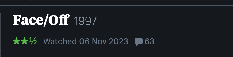 Many of think you're brave for posting 'edgy' or 'hot' takes on here, but I assure nothing compares to the courage I displayed by posting 'Face/Off is kind of ass' on Letterboxd