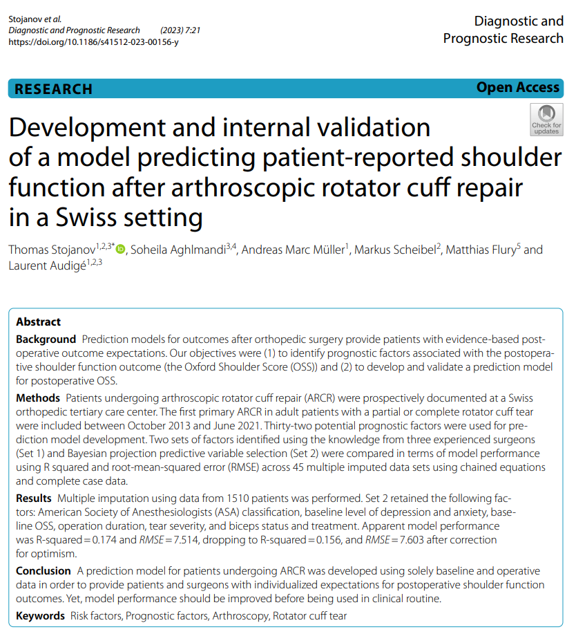 StojanovThomas's tweet photo. Our latest work just was published in BMC Diagnostic and Prognostic Research. Our aim was to develop a prediction model for a patient-reported outcome measure after an arthroscopic rotator cuff repair.

Check it out here: https://t.co/RvBntKr4Ka

@UniSpitalBasel @SchulthessNews https://t.co/j9S1XdkcoS
