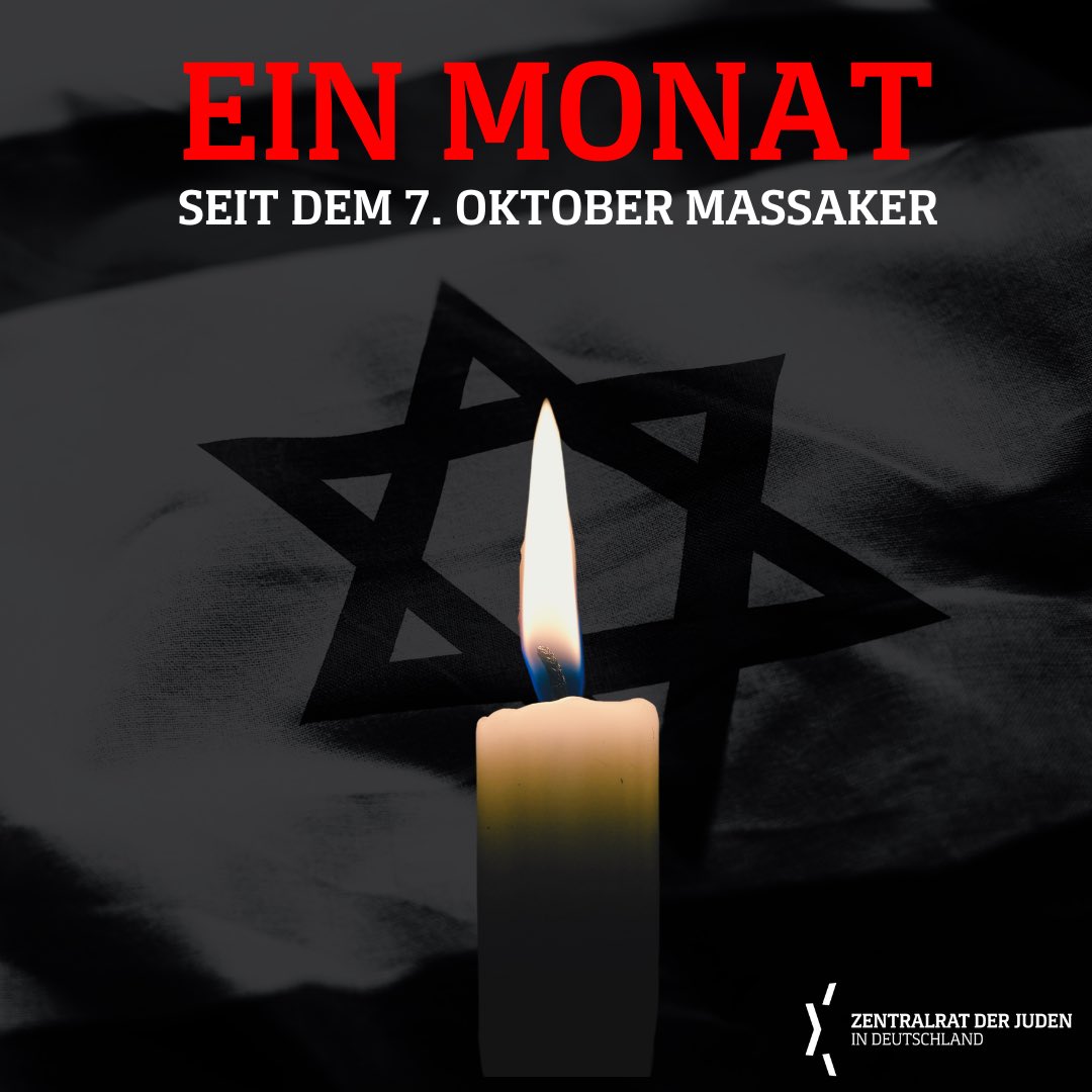 Heute vor einem Monat wurden über 1.400 unschuldige israelische #Zivilisten von #Hamas-Terroristen kaltblütig ermordet. Mehr als 240 Frauen, Kinder, Greise und Männer werden noch immer in #Gaza als Geiseln festgehalten. Wir trauern um die Ermordeten und beten für die Freilassung