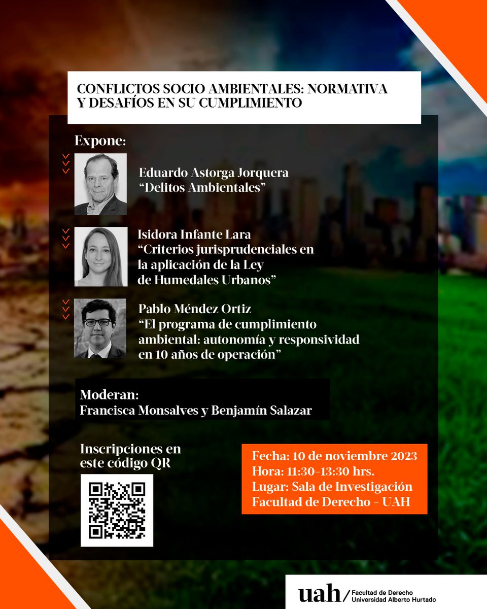 📣 Conversatorio 📣 Conflictos socio ambientales: normativa y desafíos en su cumplimiento ✅ Exponen: Eduardo Astorga, Isidora Infante y Pablo Méndez 📆 Viernes 10 de noviembre, desde las 11:30 hrs en la Sala de Investigación 📲 Inscripciones en este link bit.ly/3u8LtKk