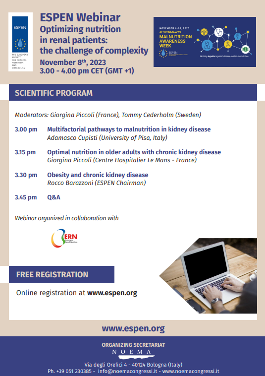 As part of #MalnutritionAwarenessWeek2023
@espen have a great webinar lined up tomorrow afternoon: "Optimising nutrition in renal patients: the challenge of complexity"

Click the link for full details and to register 15.espen.org/component/cont…