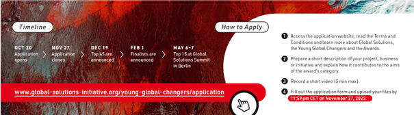 GSI_YGC's tweet photo. Are you a young #entrepreneur or #intrepreneur, non-profit #actor, community #leader, #implementer or #activist who develops and implements ideas to bring about positive change?🌎🌍🌏
We are looking for you! Apply now for the #YGCRecouplingAwards 2024
🌐https://t.co/cLrmp6G8Jr https://t.co/vCPUT8ZwJq