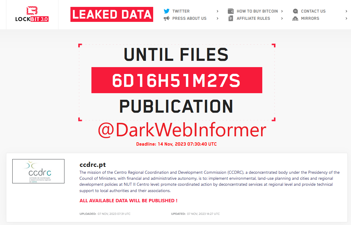 DarkWebInformer's tweet photo. Threat Actor: LockBit
Ransomware Victim: CCDRC
Date: 2023-11-07
Note: Allegedly, #LockBit has named #CCDRC as a victim. #Ransomware #StopRansomware #DarkWeb #DarkWebInformer #Leaks #Leaked #Cyberattack https://t.co/dnjR5VEwTr