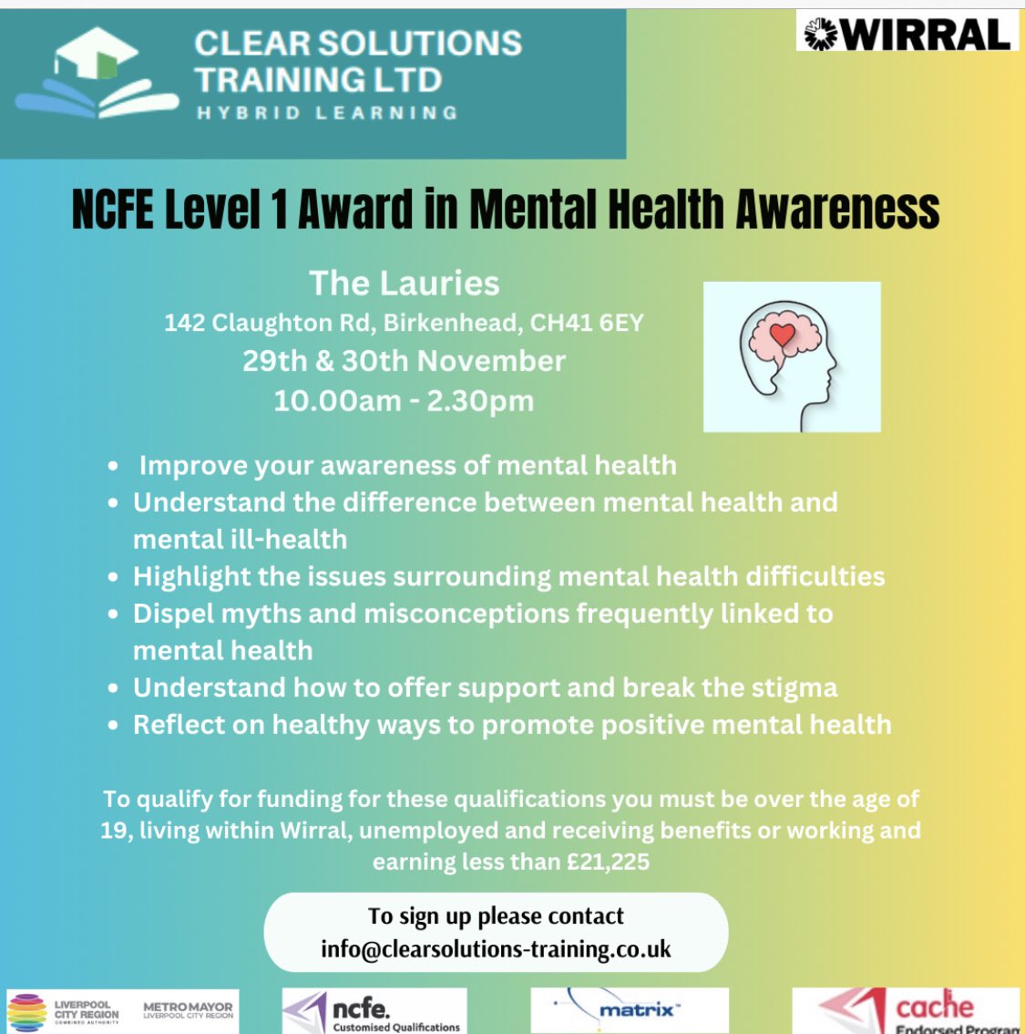 ClearSolutions2's tweet image. Are you interested in joining our 2 day mental health qualification? Please RT
#wirral #mentalhealth @WirralE @WirralUnplugged @JourneyMENcic @OneWirralCIC @ActiveWirral @wirralmums @WirralMulticul1