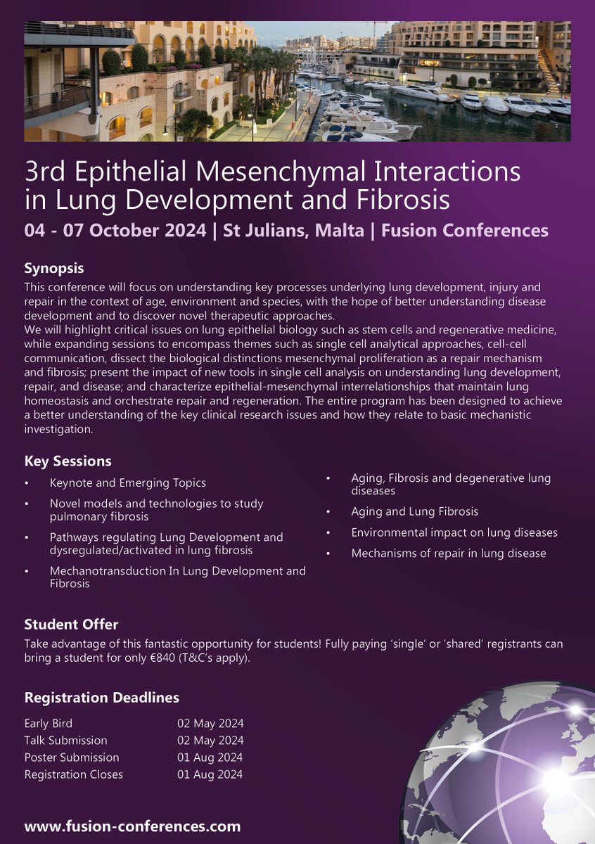 📢ATTENTION LUNG RESEARCHERS 🫁
3rd Epithelial Mesenchymal Interactions in Lung Development &amp; Fibrosis Conference, 04-07 Oct 2024, Malta.
*Talk Submission open
*Register now- we anticipate the meeting will be oversubscribed
Website: bit.ly/3Y8yOBN
#Fusionlung24