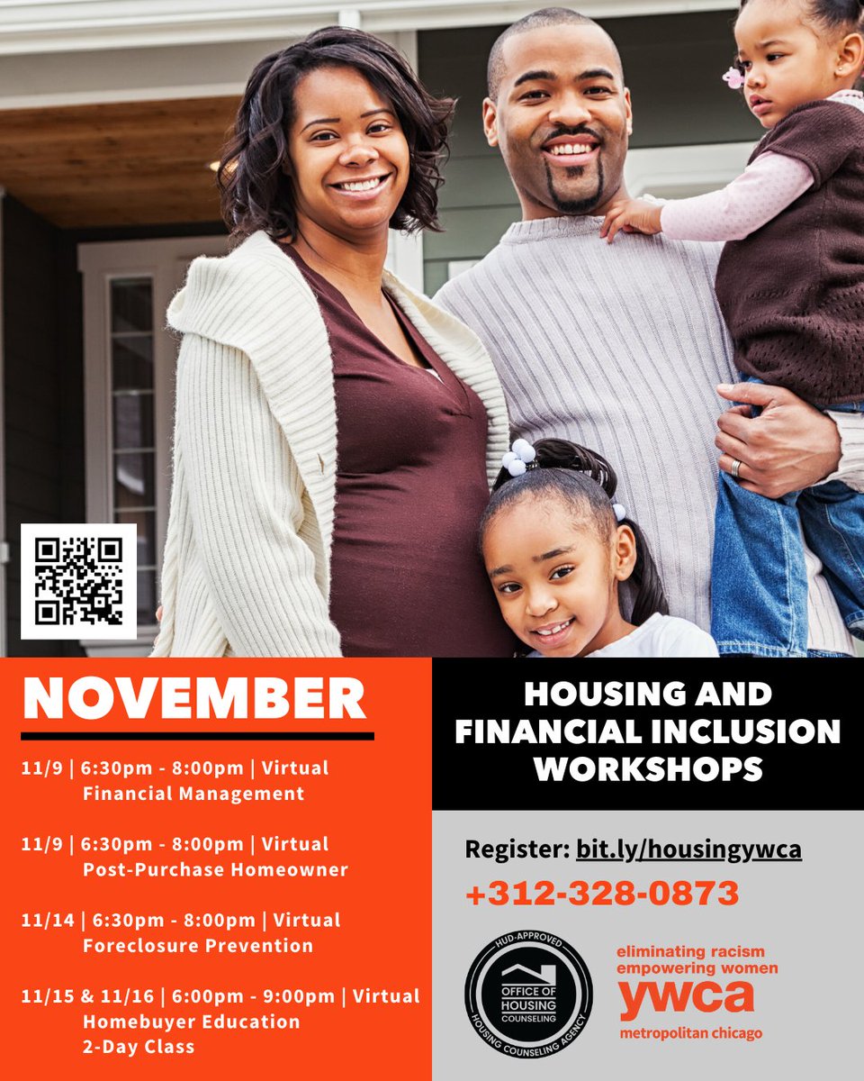 Don't miss out on our November Housing & Financial Inclusion Workshops! Receive expert advice on home purchase, homelessness prevention, financial management, and foreclosure prevention. Register today: bit.ly/housingywca