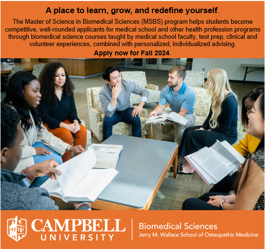 Many of us have a less-than-perfect undergrad record, but we can help you redefine yourself as a #student.  If you are serious about a #career in #medicine, but need to boost your GPA and test scores– we are here for YOU!  Apply now for Fall 2024.  medicine.campbell.edu/admissions/