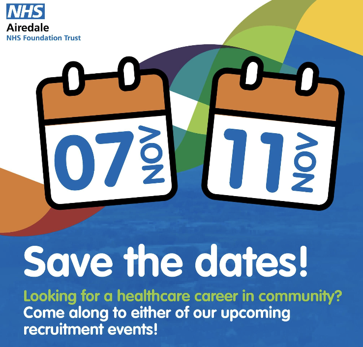 AiredaleNHSFT's tweet photo. Looking for a healthcare career in community?
Come to one of our community recruitment events to see if there's a role for you.

👉TONIGHT -  7 November, Skipton General Hospital (Aire Unit) - 5:30-8pm
👉Saturday 11 November, Airedale General Hospital (Lecture Theatre) - 9am-12pm https://t.co/w7GOBlnafI