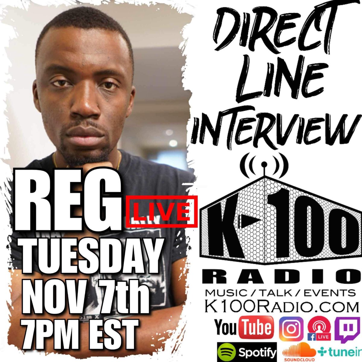 Tonight Nov. 7th at 7pmEST catch the DIRECT LINE INTERVIEW with <a href="/realReg1/">Reg</a> on @K100_Radio
🎧📻 Listen live via  #YouTube (link in bio), on K100Radio.com or their mobile app📲
🎙Connect with their #Podcast on #Spotify 
#K100Radio #indiemusic #indieartist #HipHopMedia