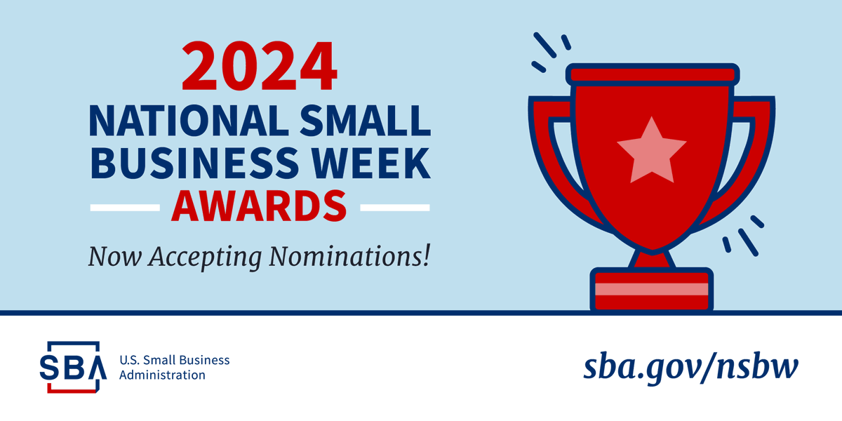 🏆 1 month away: Submit nominations for the #SmallBusinessWeek awards by December 7!

Categories include: 
☑️ #SmallBiz Person of the Year
☑️ Phoenix Awards
☑️ District Office Awards
➕ And more! 

✍️ Nominate your #biz: sba.gov/national-small…