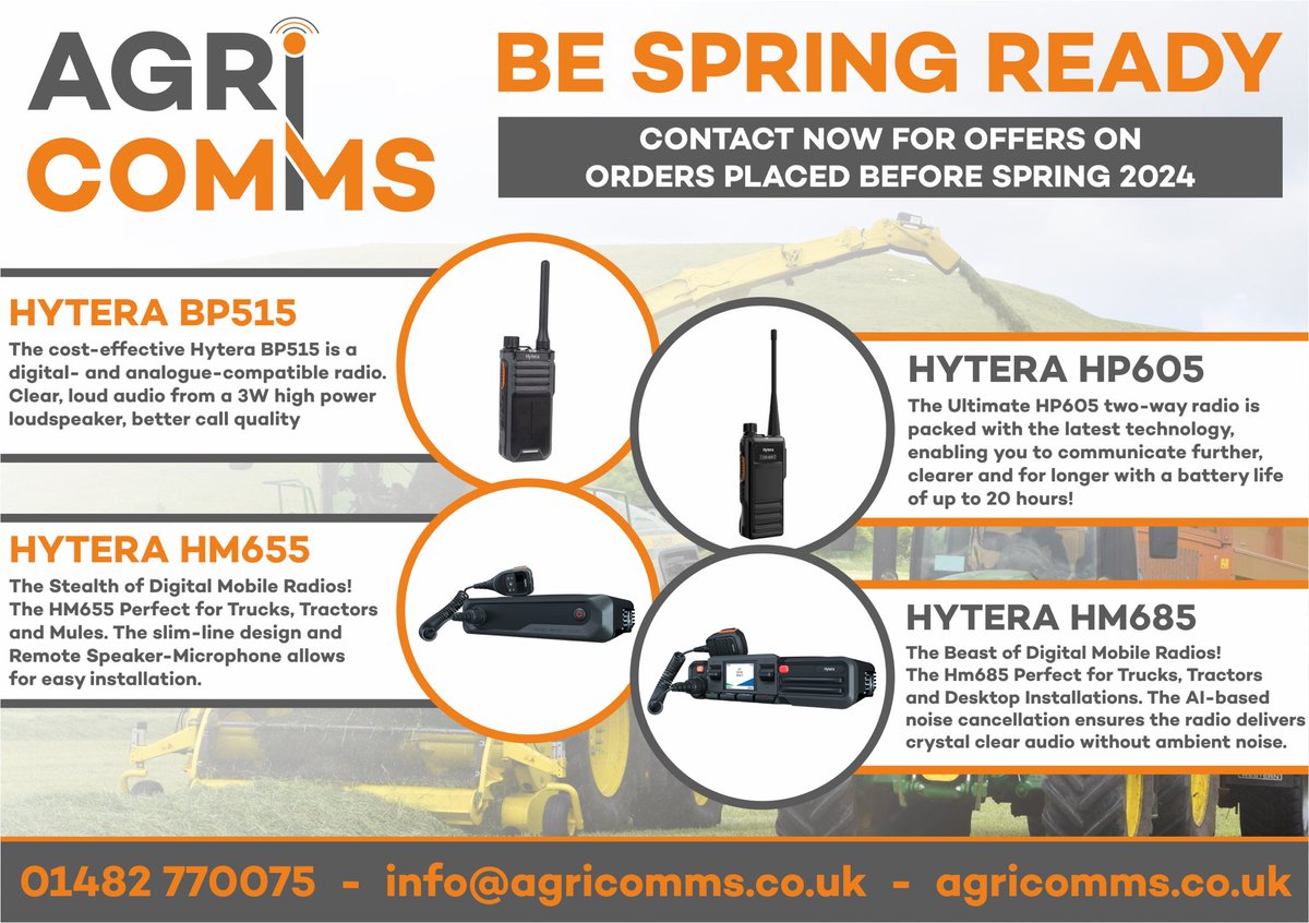 🌾🚜 Don’t leave it till last minute to get kitted up with reliable comms for the 2024 Season, Contact us now for offers on orders placed before Spring 2024! 🚜🌾

📞01482 770075 
📧info@agricomms.co.uk

#AgriComms #Agriculture #Farming #TwoWayRadio #Harvest24 #Silage2024 #Hytera