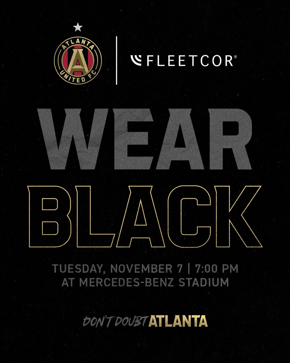 Don’t Doubt Atlanta. @ATLUTD is taking on Columbus in Mercedes-Benz Stadium tonight at 7 p.m. and BLACKING OUT the stadium for the first home match of playoffs. Wear black to support the 5-Stripes. See you there!