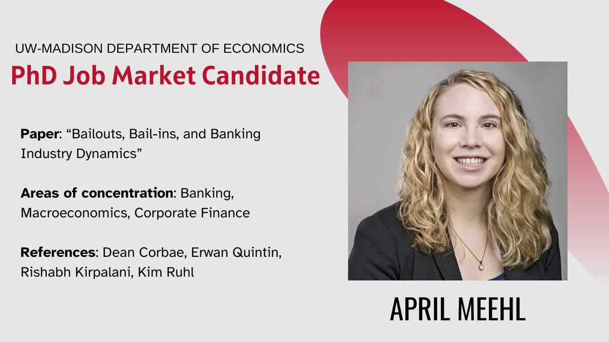 WIeconomics's tweet photo. In her job market paper, April (@AprilMeehl) models bank decisions under bail-in versus bailout policies to quantify the impacts on the bank size distribution and the frequency of big bank failure. #EconJobMarket #EconTwitter https://t.co/iWNloIbRJ6 https://t.co/4c1mT6V3mX