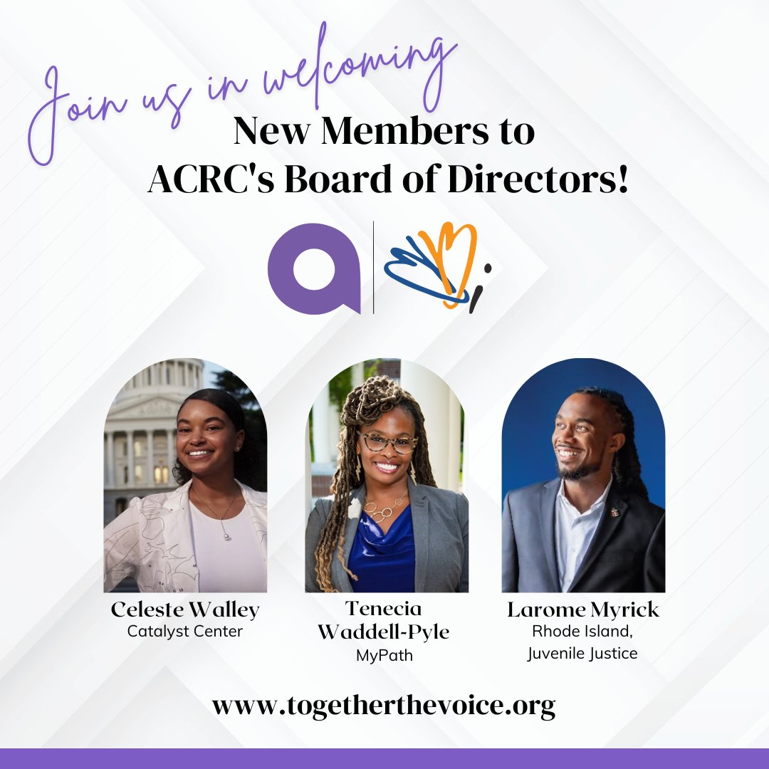 ACRC's Board of Directors is filled with remarkable leaders who are driving innovation and best practice in their own orgs, communities, and beyond. We are excited to welcome our newest Board members Celeste Walley, Tenecia Waddell-Pyle, and Dr. Larome Myrick!
#togetherthevoice