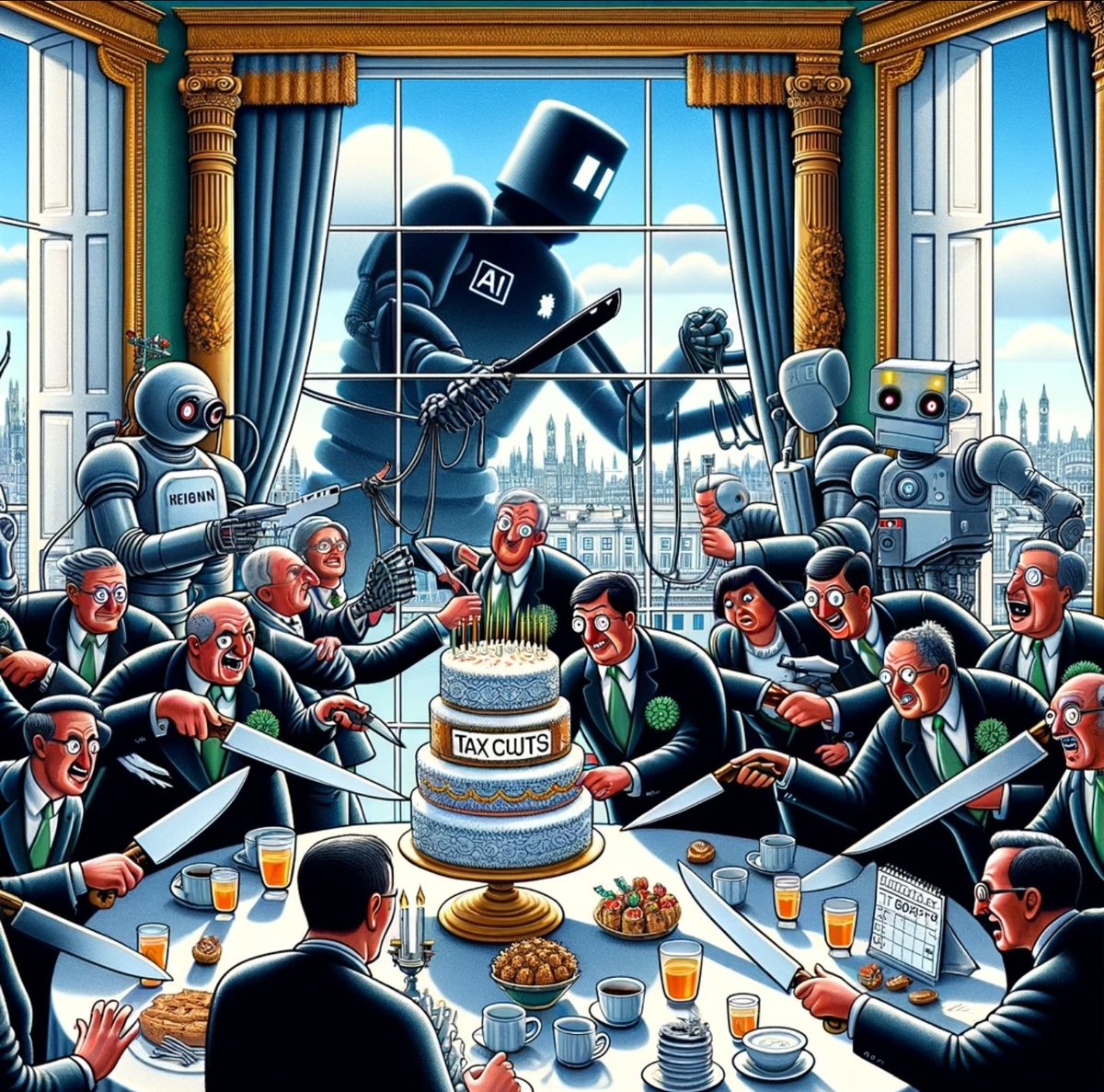 I asked ChatGPT to create a satirical drawing of our politicians busy with abolishing a holiday and tax cuts, while the future with AI and robots is on its way to snatch a whole lot of jobs.

One probably shouldn't bet on a career as a newspaper cartoonist either... #dkpol