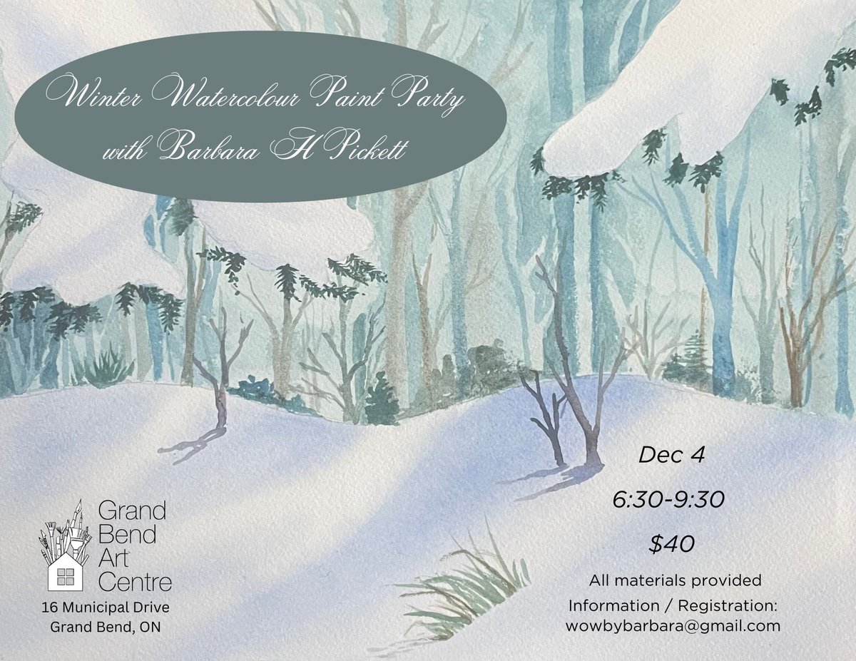 Did you know snow isn’t white? At least not in watercolour. Join <a href="/wowbybarbara/">wowbybarbara</a> for a fun filled painting party to learn a bit about painting snow, gain some helpful hints create your own masterpiece. No experience necessary all materials provided. Email wowbybarbara@gmail.com
