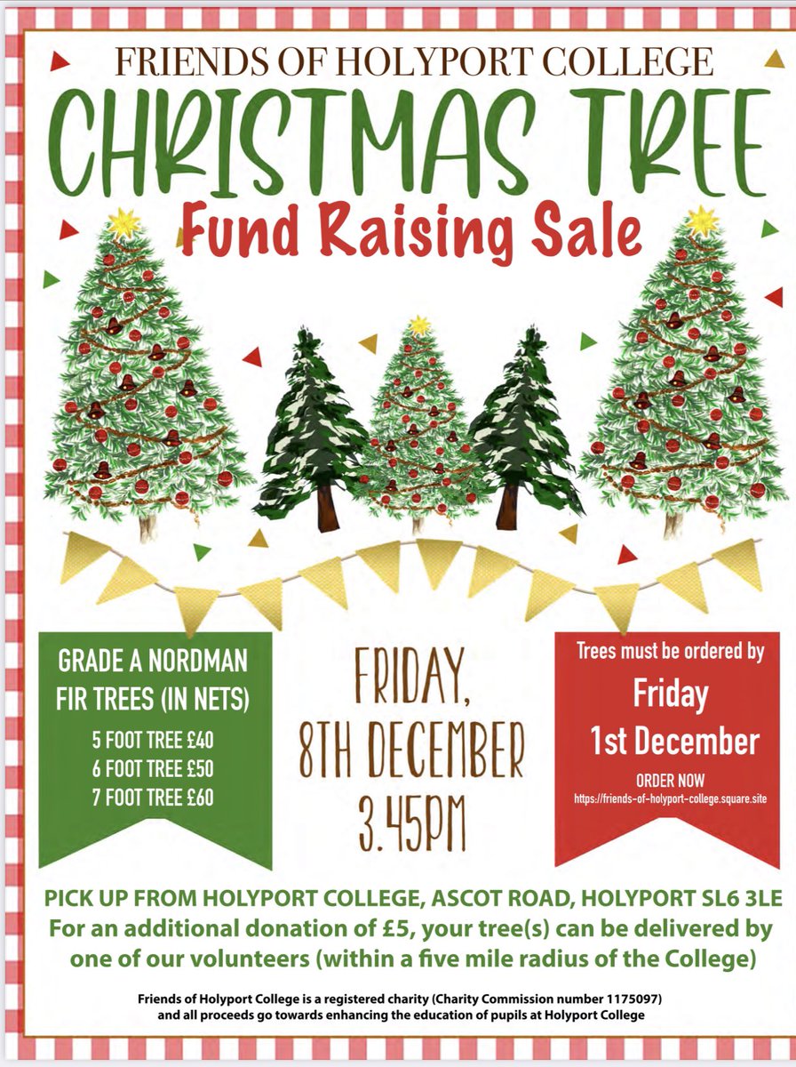 It’s that time of year again…

<a href="/HCDadsClub/">Holyport Dads' Club</a> Little Elves have been busy getting your Christmas Trees ready🎄🎄🎄 

For an extra £5 they’ll deliver it 🚚

To order; 
…iends-of-holyport-college.square.site

Deadline; 1st Dec 

#ChristmasTrees
#teamHolyport
