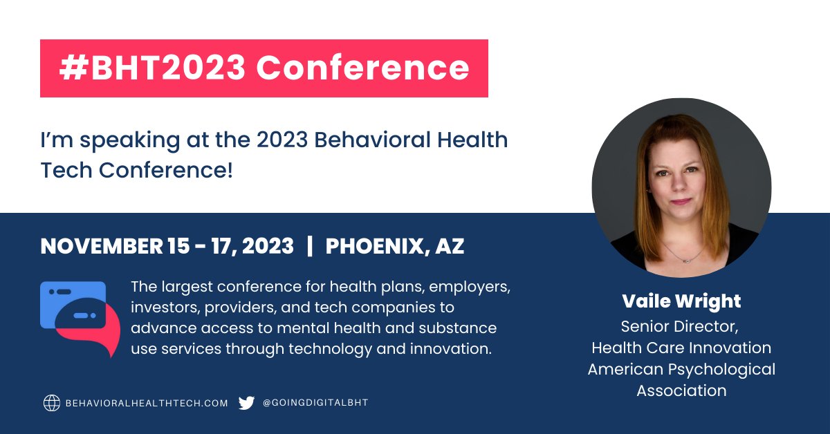 Excited to be speaking at the 2023 Behavioral Health Tech conference for @APA. Register to join us for the behavioral health event of the year. Use code FriendOfSpeakerBHT2023 for $200 off your registration here: behavioralhealthtech.com/annual-confere… #BHT2023