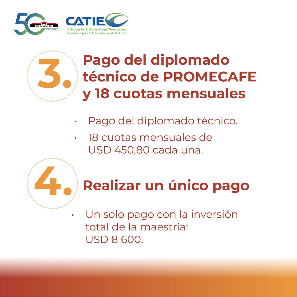 CATIEOficial's tweet image. En #CATIE queremos que te unas a los esfuerzos para un futuro del café innovador, equitativo y económicamente viable.🌎☕

Es por ello que te ofrecemos 4 alternativas de financiamiento para que te formes en nuestra nueva #maestría.

Más detalles en ✔ maestriacafe.catie.ac.cr/para