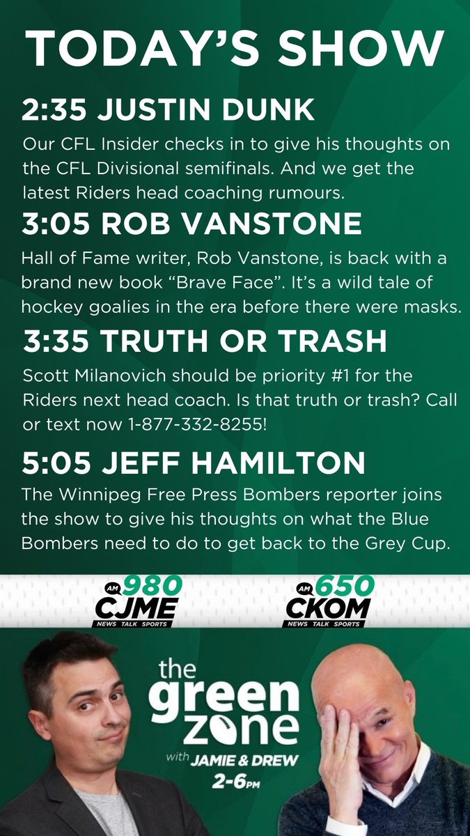 GreenZoneSK's tweet photo. The roads aren’t great out there so take is slow, turn your lights on and crank up The Green Zone! Check the lineup:
2:35 @JDunk12
3:05 @robvanstone
3:35 #TruthOrTrash
4:05 Football At 4 @BrittonGray
4:35 #DroppingTheGloves
5:05 @jeffkhamilton
We are LIVE from 2-6! https://t.co/9Jdu8aMR04