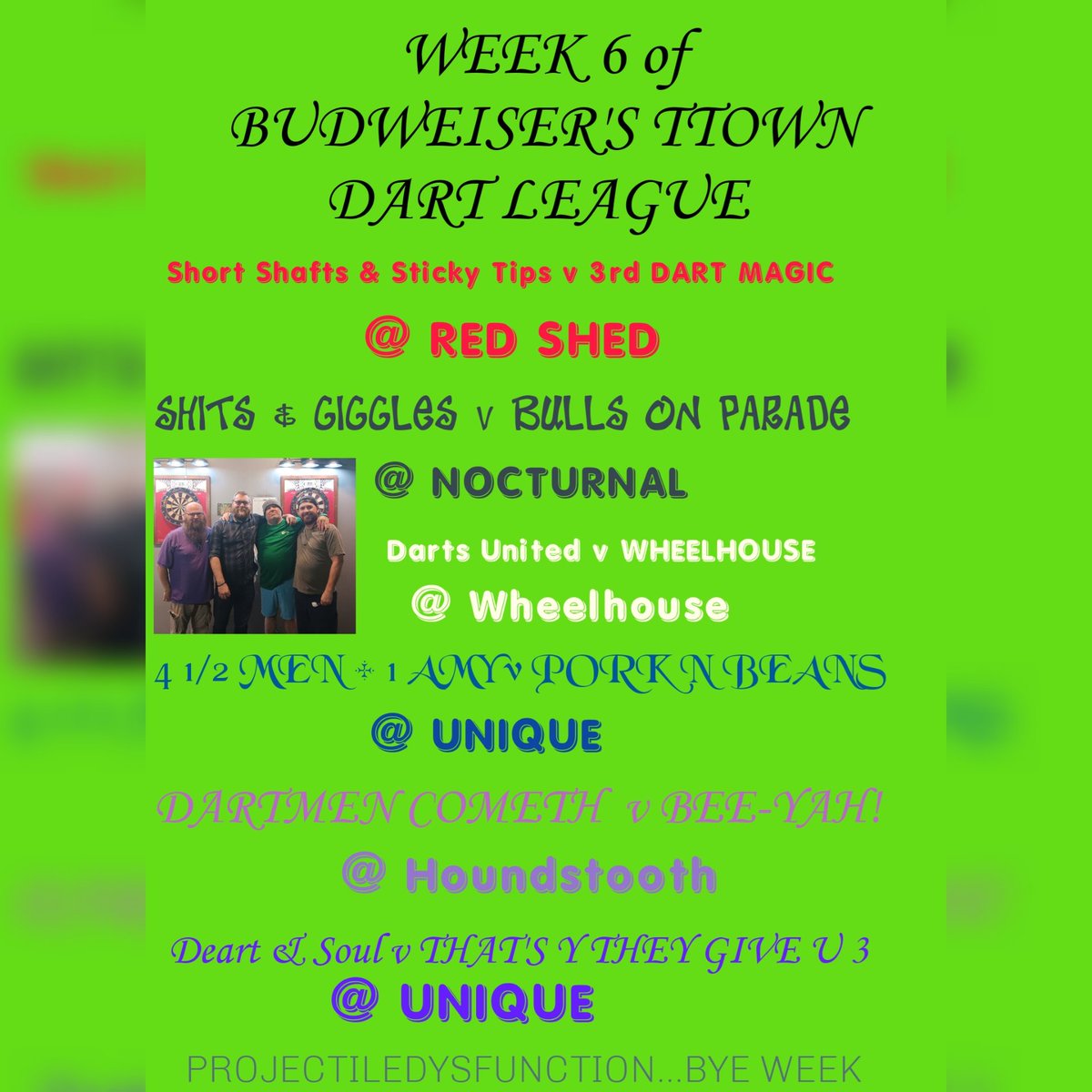 WELCOME BACK TTOWN DART LEAGUE!!!

After the week break for Halloween, we're back!!

Good luck everyone!!