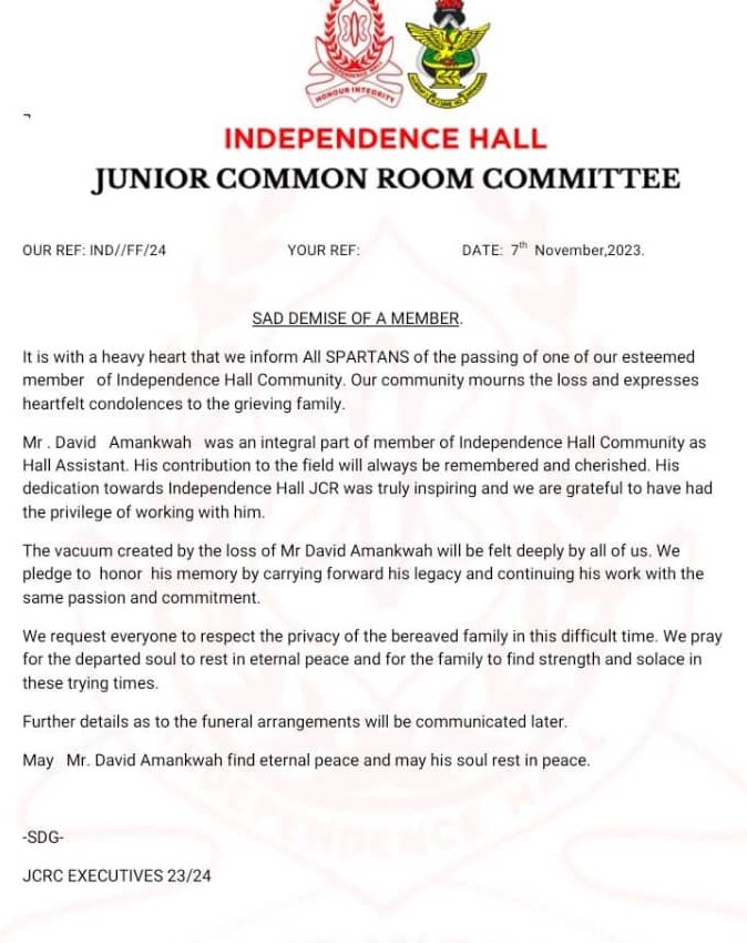 Noticeboardgh's tweet photo. 📍📍SAD NEWS 📍📍
The Independence Hall Junior Common Room Committee, JCRC, KNUST announces the sad demise of their member 💔

Mr. David Amankwah , the former Assistant Hall member, Indece Hall passed away last month and his one week celebration has been observed
RIP Mr. David https://t.co/o6Lk0r65HW