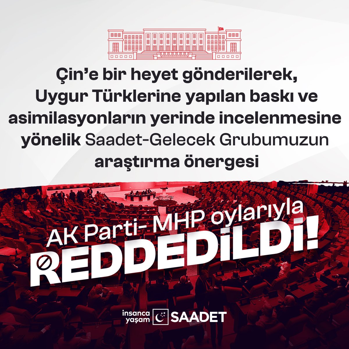 SaadetPartisi's tweet photo. Saadet-Gelecek Grubumuzun, Çin’e bir heyet gönderilerek, Uygur Türklerine yapılan baskı ve asimilasyonların yerinde incelenmesine yönelik araştırma önergesi AK Parti-MHP oylarıyla reddedildi. https://t.co/n5PUoceAqE