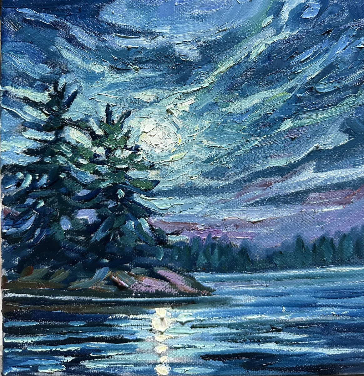 The last Hunter moon… I rarely catch them with clouds like this so felt fortunate to capture it last month. October Moon 8x8” oil. DM me to inquire. Apparently my DM settings changed I so fixed that :/