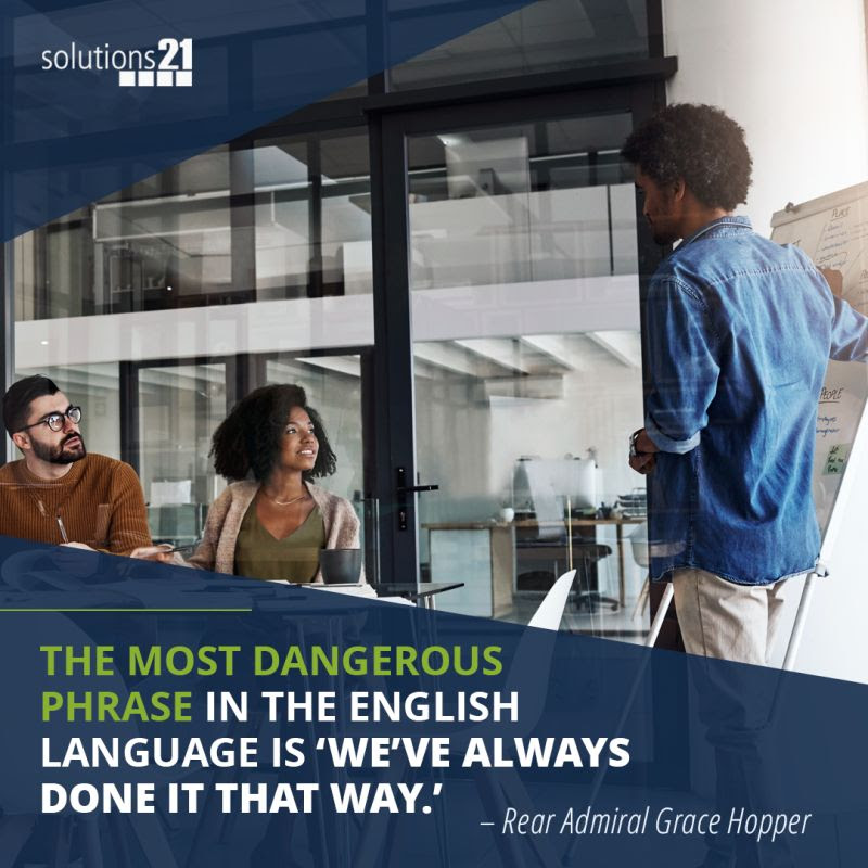 In today's dynamic workplace, clinging to old methods can be the biggest hurdle. Solutions 21 empowers organizations to evolve beyond traditional barriers, seamlessly connecting multiple generations under one leadership umbrella. 

Evolve with Solutions 21 loom.ly/1XpCgto