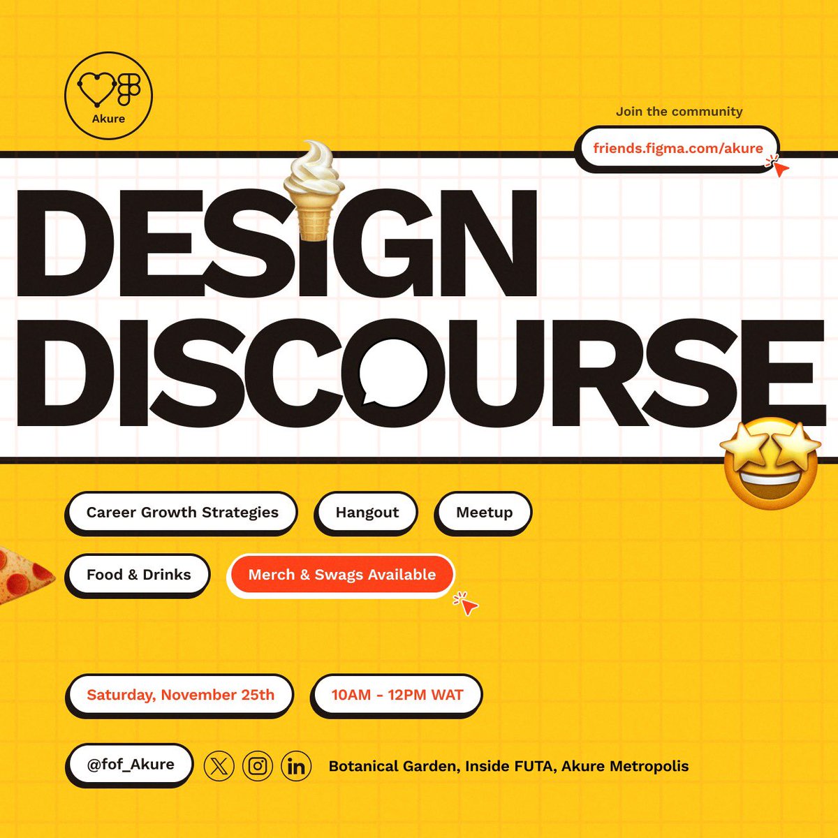 fof_akure's tweet photo. Join us for an inspiring session on design and career growth 🚀strategies at #DesignDiscourse in Akure! 🎨 RSVP now at https://t.co/OHX0LlGVH8.
Don't miss out on this opportunity! #DesignDiscourse #CareerGrowth #AkureTechEvents #FOFAkure https://t.co/slcpXFmouX