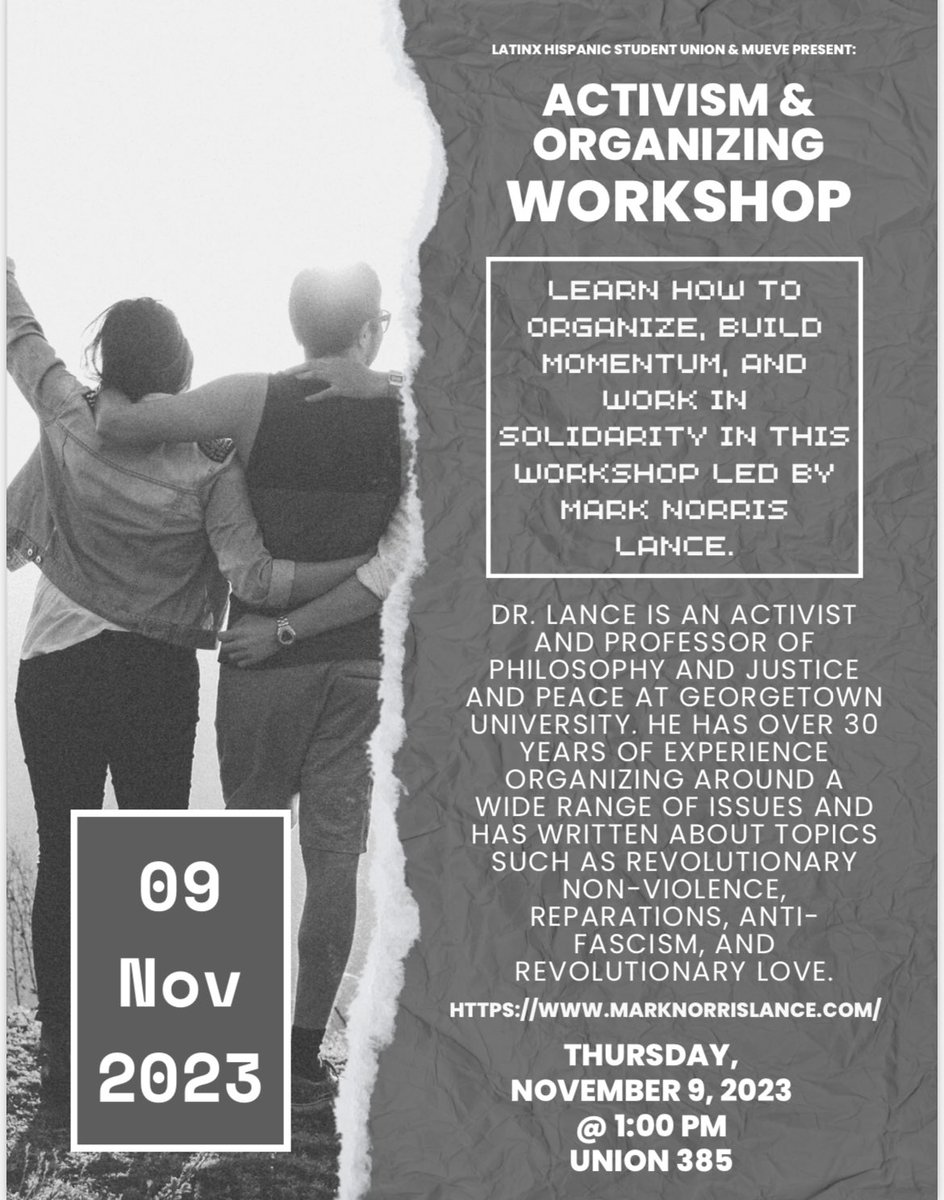 Want to learn more about how to create a more equitable society? Come join us as renowned activist and Georgetown professor Dr. Mark Norris Lance comes to UNT to speak on how to best work as an activist and organizer in his lecture. Bring a friend and have questions ready to ask!