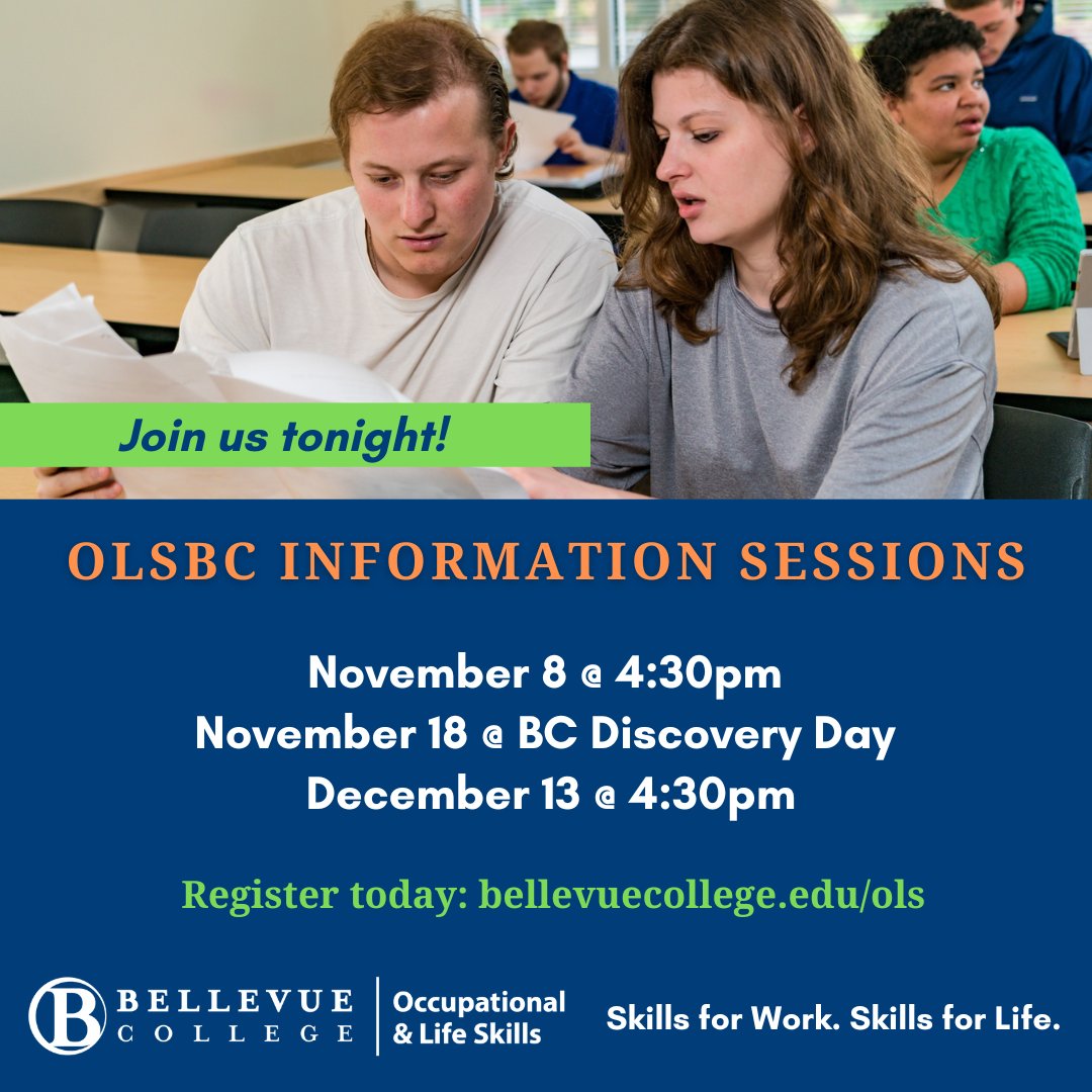 We've got an Information Session tonight, and there is still time to register to join us!

Come learn more about #OLSBC #BellevueCollege.

Can't make tonight? No problem - we've got two more sessions happening before the end of 2023.

Sign up today!

bit.ly/3Wd9B8A
