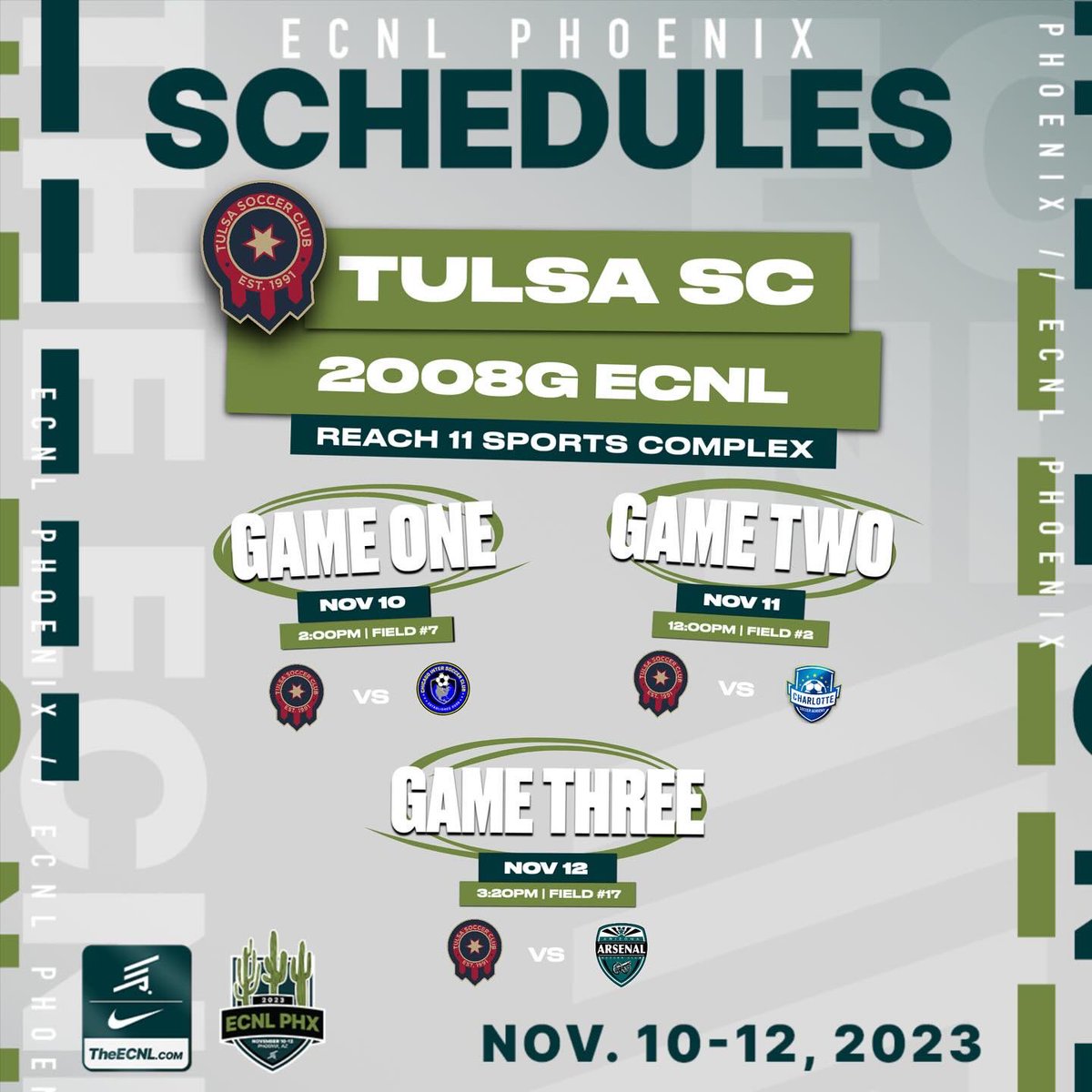 𝟮𝟬𝟬𝟴 @ecnlgirls 𝗣𝗵𝗼𝗲𝗻𝗶𝘅 𝗦𝗰𝗵𝗲𝗱𝘂𝗹𝗲 🌵🏜️

Swipe ⬅️ to view daily matches and times 👊

#TulsaSC