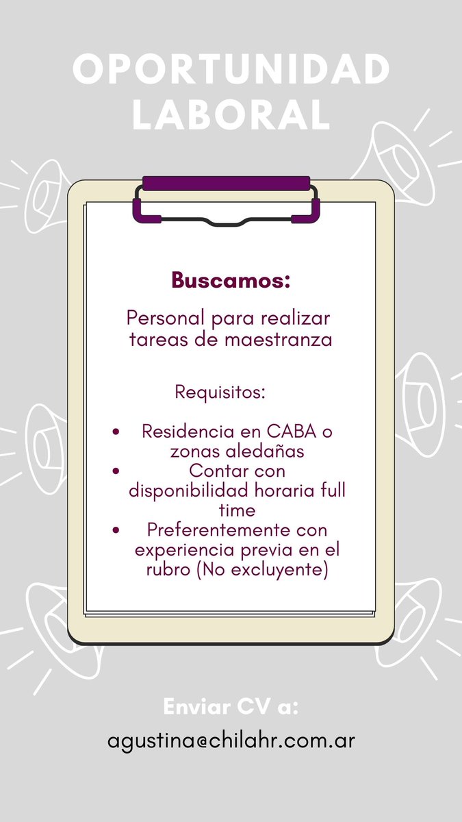 📢#BúsquedaLaboral📢
Para importante empresa de servicios, buscamos personal de maestranza
Zona de trabajo: CABA - Jornada de trabajo: Full Time
Esperamos recibir tu CV en agustina@chilahr.com.ar
#TrabajoAr #EmpleoAr #TrabajoArg