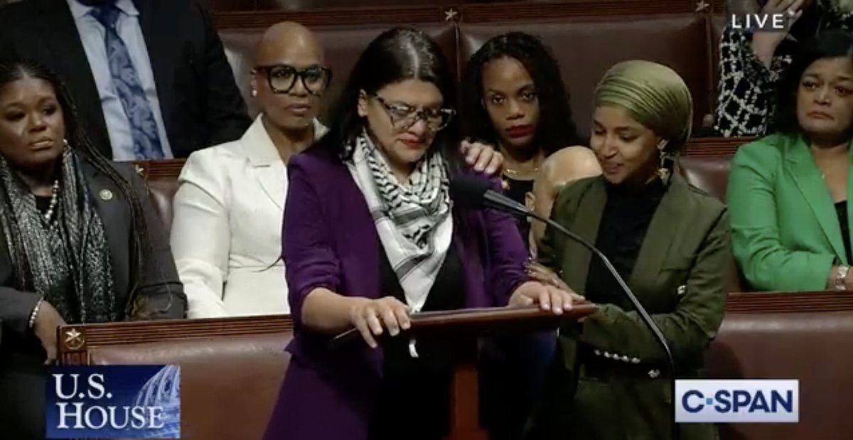 Beautiful group of solidarity behind and next to <a href="/RashidaTlaib/">Rashida Tlaib</a> as she takes her time the floor during the debate over a racist GOP attempt to censure her.

She is taking her time to call for a #ceasefire to save lives.

"Palestinian people are not disposable. We are human beings"
