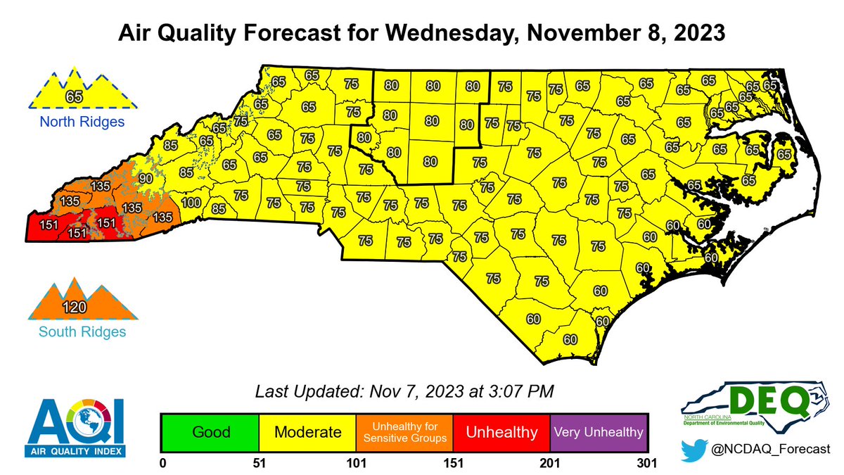 ALERT (11/7/23 – 3:12PM): Code RED &amp; Code ORANGE Alerts remain in effect through tomorrow @ midnight for southwestern #ncwx, for fine particulates, due to smoke from ongoing fires. #airquaity #AQI

For our discussion &amp; KML files: airquality.climate.ncsu.edu/discussion/?is…