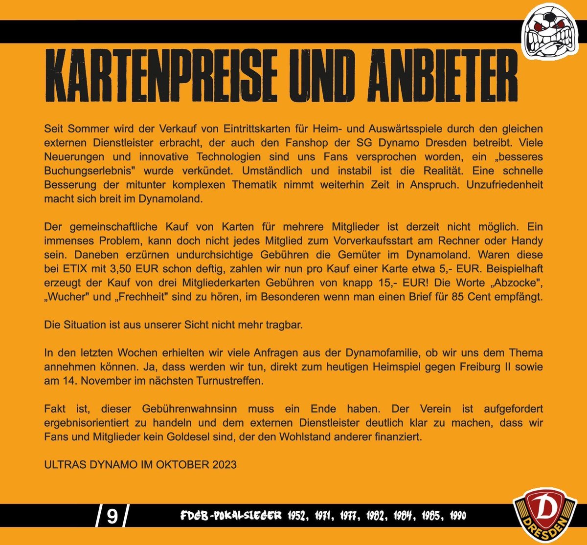 Auszug aus dem Zentralorgan 📚🗞️
vom Freiburg Heimspiel: FUSSBALL MUSS BEZAHLBAR SEIN!

 #dynamoland #sgd1953