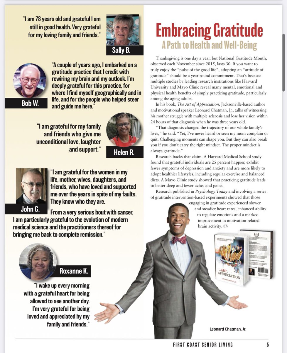 ChatmanSpeaks's tweet photo. Super grateful to be featured in this month’s edition of First Coast Senior Living
-
I’m equally excited to see my 5 FAVORITE people communicate & express their gratitude.
-
Embracing gratitude is truly a path to health & well-being.
-
#keynotespeaker #transformationalist https://t.co/z58HT1vPC7
