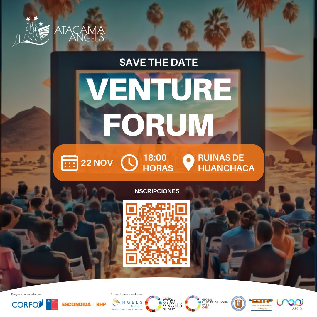 Hay fecha para nuestro Venture Forum!🤩
El miércoles 22 de nov. invitamos a todo el ecosistema emprendedor a formar parte de este evento en el que mostraremos los resultados de nuestro primer año de operación.
Inscripciones: welcu.com/atacama-angels…