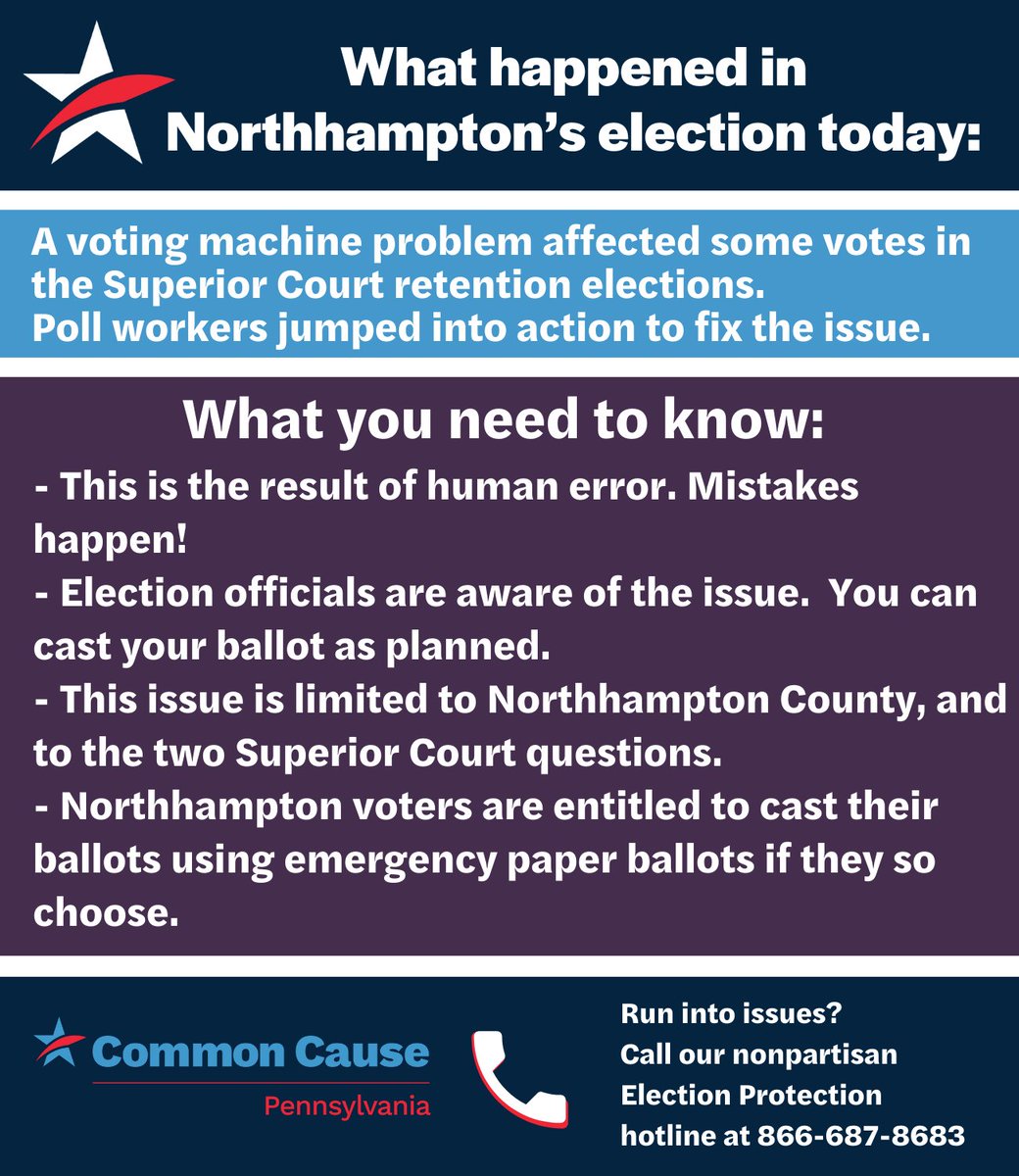 You may have heard that there were some voting machine issues in #Northhampton today. These issues impacted 2 retention elections for Superior Court judges. Some voters who voted “YES” for one judge and “NO” for the other had their votes misrecorded. Here’s what you need to know: