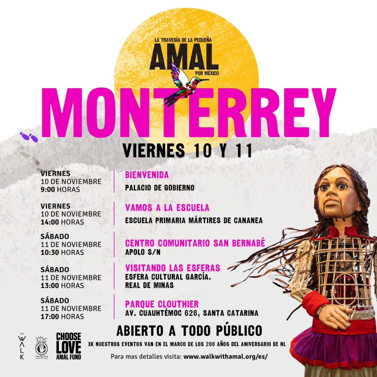 walkwithamal's tweet image. ¡La pequeña Amal visitará Monterrey del 10 al 11 de noviembre! Te invitamos a caminar con ella y a compartir su mensaje de esperanza.

Little Amal is visiting Monterrey on 10-11 November.  Everyone is welcome to walk with her and share her message of hope! 

#LaPequeñaAmalenMx