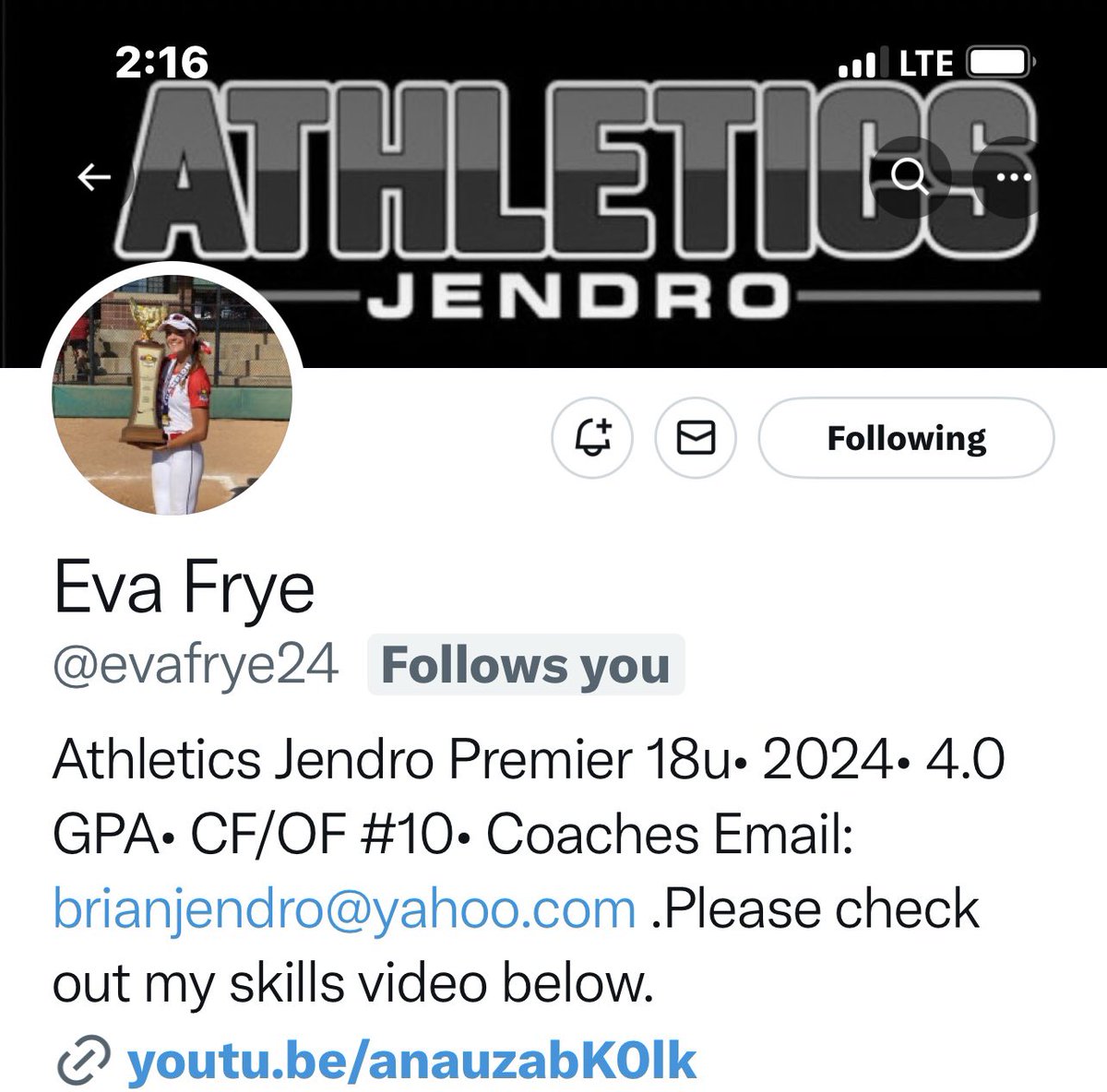 Coaches here’s a  Big bat super fast outfielder check out Eva’s profile