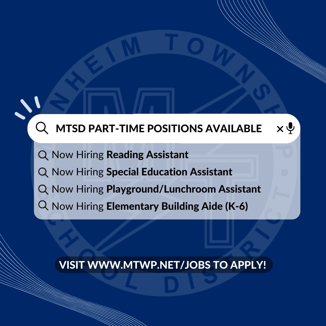 🌟 Join Our Team! We're Hiring! 🌟

📚 Reading Assistant
🎓 Special Education Assistants
🍎 Playground/Lunchroom Assistant
🏫 Elementary Building Aide (K-6)

Part-time positions available.

Apply now at mtwp.net/jobs and make a difference in our community!