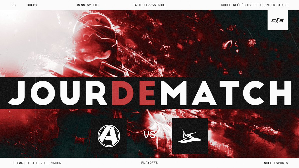 Able Esports (@ableesports) on Twitter photo Notre équipe de #CS compétitionne dans les demi-finales en LAN de la <a href="/CQCS_Officiel/">Coupe Québecoise de Counter-Strike</a> aujourd'hui. Ne manquez pas ça !!
🆚 <a href="/DuckyEsports/">Ducky</a>
🕒 10 h
📺 twitch.tv/5stakk_
🎙️ @solbo24 & <a href="/SwifterMeister/">Swifter➡️VCT TORONTO</a>
<a href="/larouche_91/">chuckkk</a>
<a href="/fronttt/">froNt^M</a>
<a href="/CSGO_Kizy/">Kizy</a>
<a href="/KRL_CS/">karl-andré</a>
<a href="/Senpaii_cs/">Senpaii</a> Notre équipe de #CS compétitionne dans les demi-finales en LAN de la <a href="/CQCS_Officiel/">Coupe Québecoise de Counter-Strike</a> aujourd'hui. Ne manquez pas ça !!
🆚 <a href="/DuckyEsports/">Ducky</a>
🕒 10 h
📺 twitch.tv/5stakk_
🎙️ @solbo24 & <a href="/SwifterMeister/">Swifter➡️VCT TORONTO</a>
<a href="/larouche_91/">chuckkk</a>
<a href="/fronttt/">froNt^M</a>
<a href="/CSGO_Kizy/">Kizy</a>
<a href="/KRL_CS/">karl-andré</a>
<a href="/Senpaii_cs/">Senpaii</a>