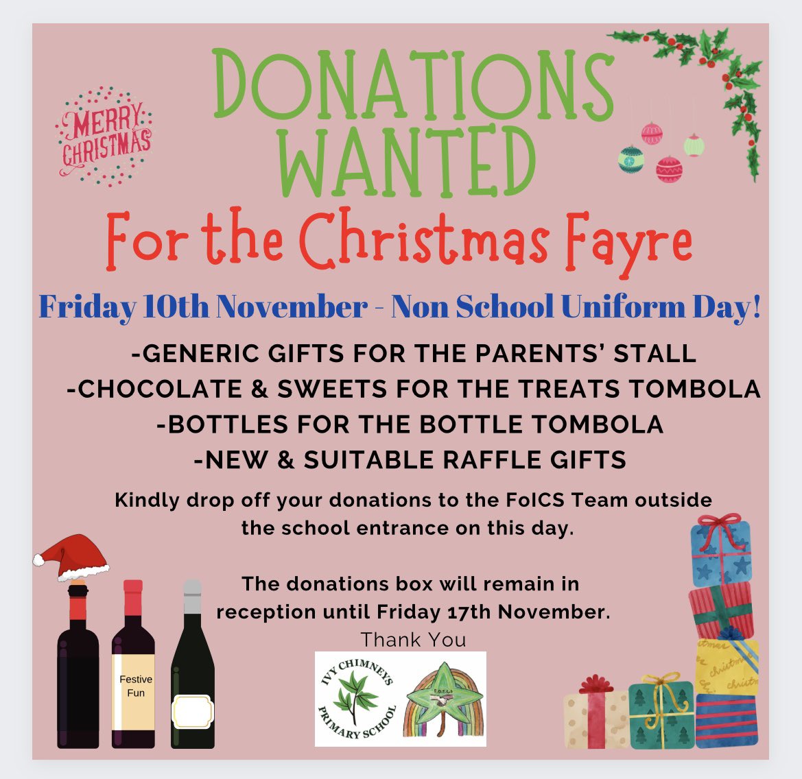 🌟 This Friday 10.11.2023🌟 Non School Uniform Day at @IvyChimneys is this Friday! Organised by @FOICs Kindly see the poster attached for more info! Thank you for your kind donations and continuing support. 🎄🎶 🎅 🍬